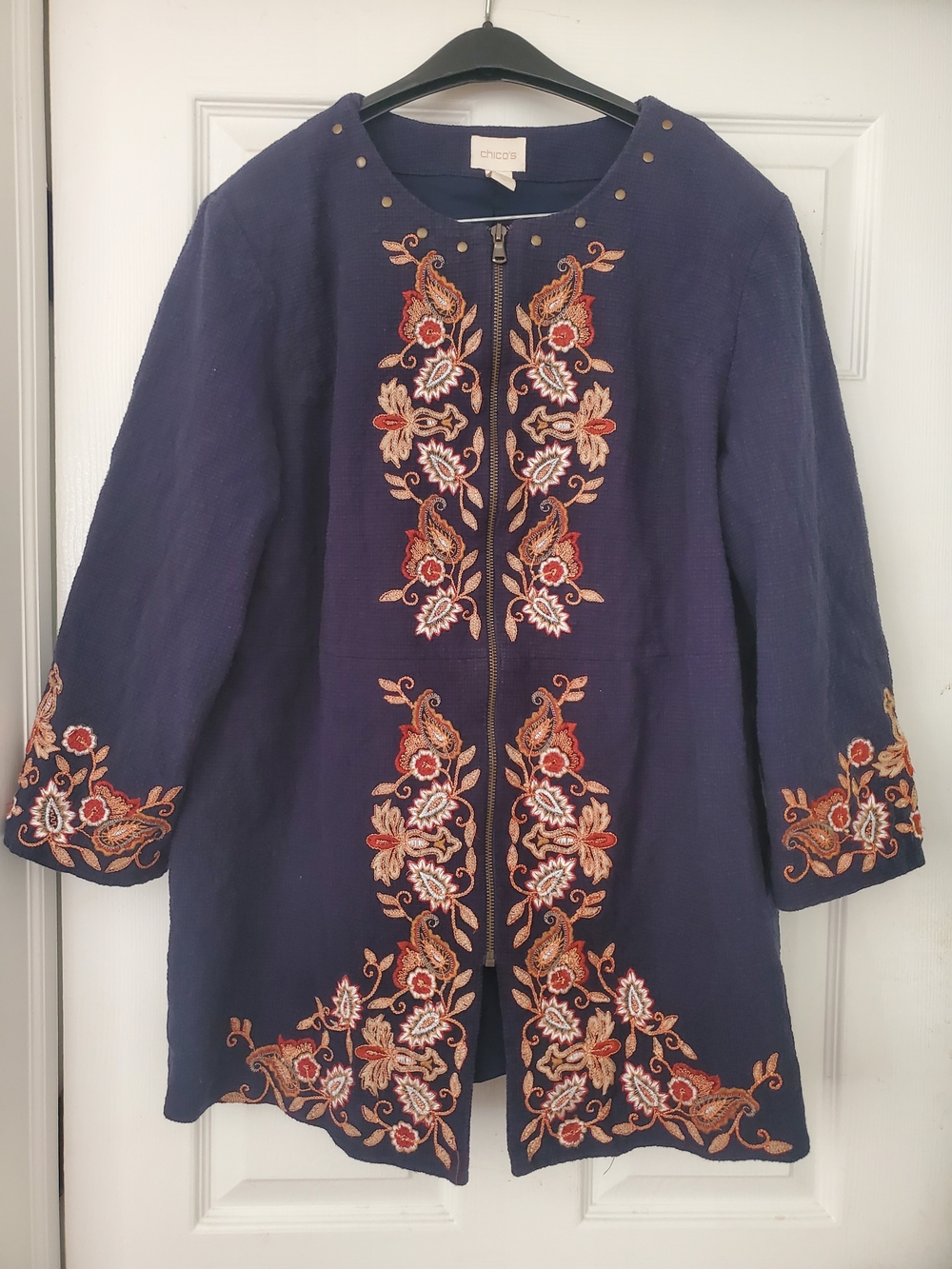 Chico's Navy Embroidered Floral Zip-Front Coat